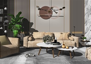 现代沙发茶几组合吊灯背景墙盆栽摆件休闲沙发SU(草图大师)模型