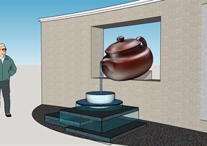 茶文化茶壶水景弧形景墙