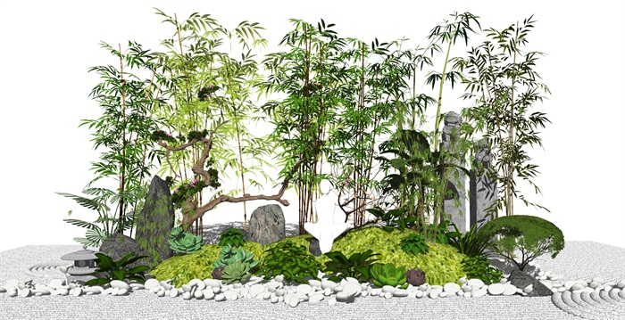 新中式景观小品 竹子 植物 石头 鹅卵石su模型(2)