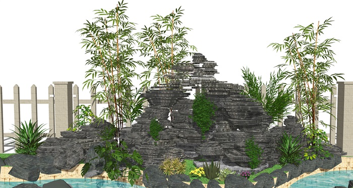 新中式假山石头 景观小品 假山叠石 石头 庭院景观 植物su模型(1)