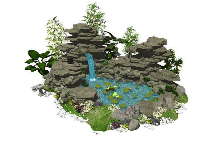 新中式假山叠石水景植物石头SU模型(2)