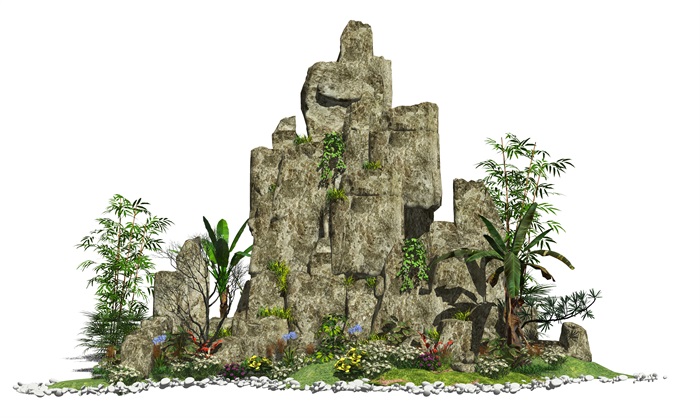 新中式假山叠石植物石头芭蕉龟背竹景观植物灌木花卉SU模型(1)