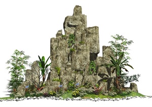 新中式假山叠石植物石头芭蕉龟背竹景观植物灌木花卉SU(草图大师)模型