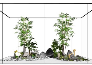新中式景观小品庭院景观跌水景观石头水景植物SU(草图大师)模型