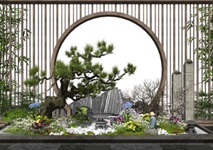 新中式景观小品庭院景观景墙松树花卉景观植物SU(草图大师)模型