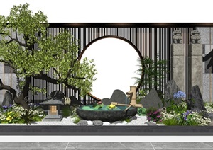 新中式景观小品庭院景观景墙水景石头景观树灌木花卉SU(草图大师)模型