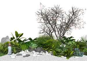 新中式景观小品 植物 草坪 鹅卵石  枯枝 绿植SU(草图大师)模型