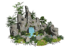 新中式假山叠石跌水景观石头水景植物SU(草图大师)模型