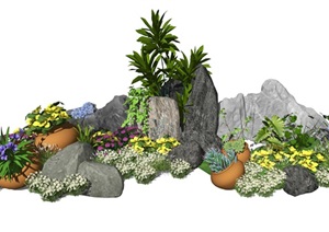 新中式假山石头植物盆栽陶罐灌木花卉SU(草图大师)模型