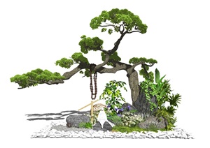 新中式景观小品石头松树植物水景SU(草图大师)模型