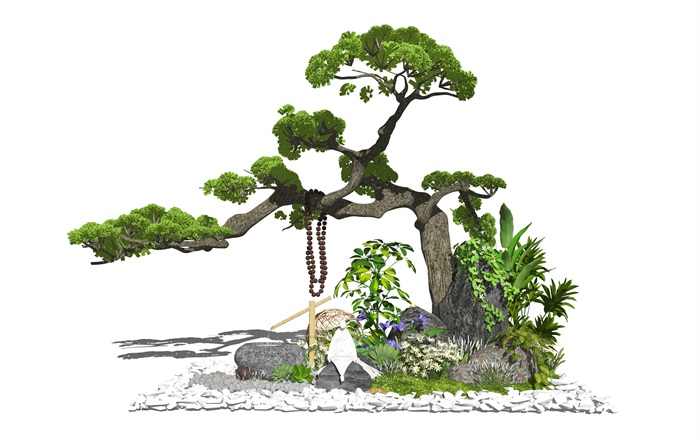 新中式景观小品石头松树植物水景SU模型(1)