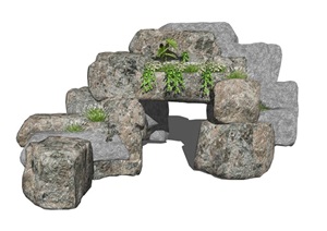 新中式假山石头植物景观石叠石SU(草图大师)模型