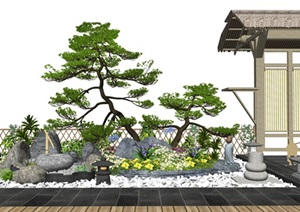 新中式景观小品庭院景观松树跌水景观石头水景篱笆SU(草图大师)模型
