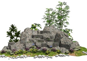 新中式假山叠石花卉植物石头SU(草图大师)模型
