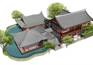 新中式古建筑民宿凉亭度假村方亭SU(草图大师)模型