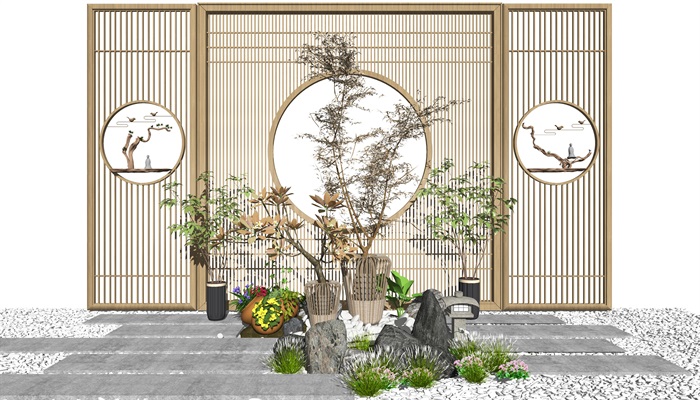 新中式景观小品庭院景观隔断屏风石头汀步植物盆栽SU模型(1)