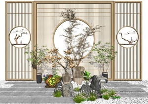 新中式景观小品庭院景观隔断屏风石头植物盆栽SU(草图大师)模型