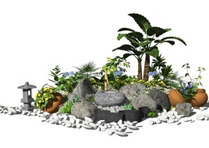 新中式景观小品庭院景观石头水景植物盆栽SU(草图大师)模型