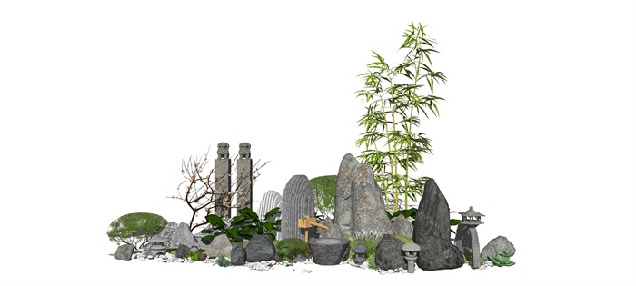 新中式景观小品 假山石头水景 庭院景观 石头组合SU模型(1)