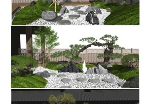 日式枯山水禅意庭院景观 景观小品 植物  绿植 竹子SU(草图大师)模型