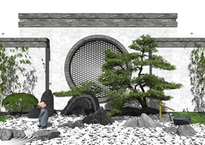 新中式庭院景观 景观小品 乔木 景观树 石头 假山石SU(草图大师)模型