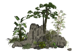 新中式假山叠石 植物石头造景 树SU(草图大师)模型