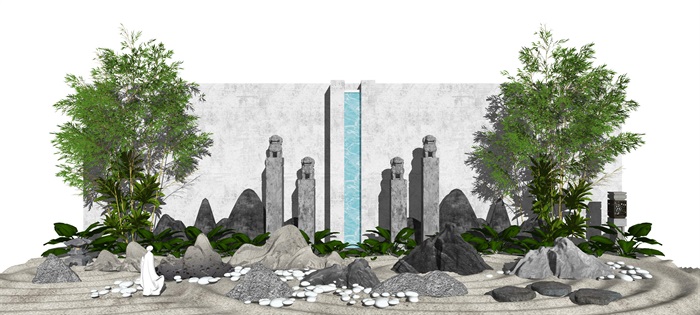 新中式庭院景观 景观小品 假山石头 石头 景墙 枯山水 植物su模型(1)