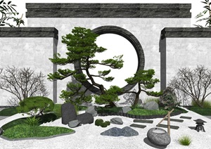 新中式庭院景观 景观小品 树 石头 景墙SU(草图大师)模型