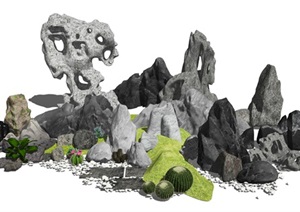 新中式假山石头太湖石景观石景观小品植物SU(草图大师)模型