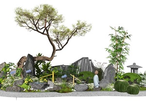 新中式景观小品枯山水庭院景观石头假山松树植物SU(草图大师)模型