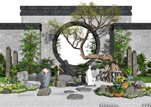 新中式景观小品庭院景观枯山水石头松树植物花卉灌木SU(草图大师)模型