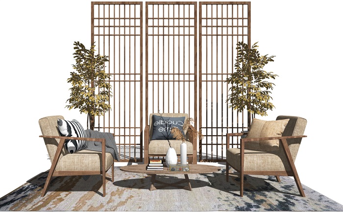 新中式休闲沙发隔断沙发茶几组合单人沙发休闲椅盆栽摆件SU模型(1)