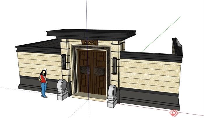 新中式独特完整围墙大门su模型