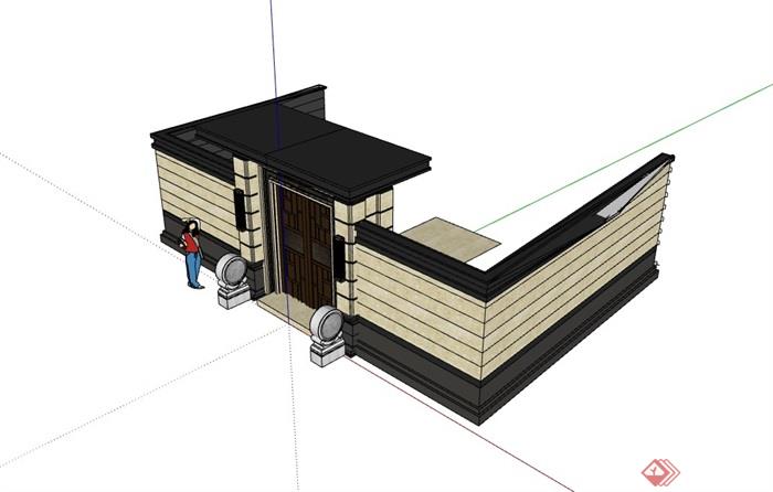 新中式独特完整围墙大门su模型