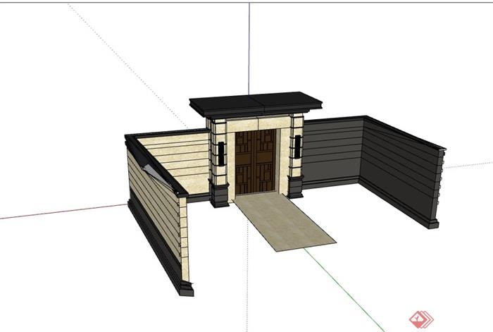 新中式独特完整围墙大门su模型