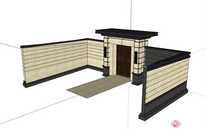 新中式独特完整围墙大门su模型
