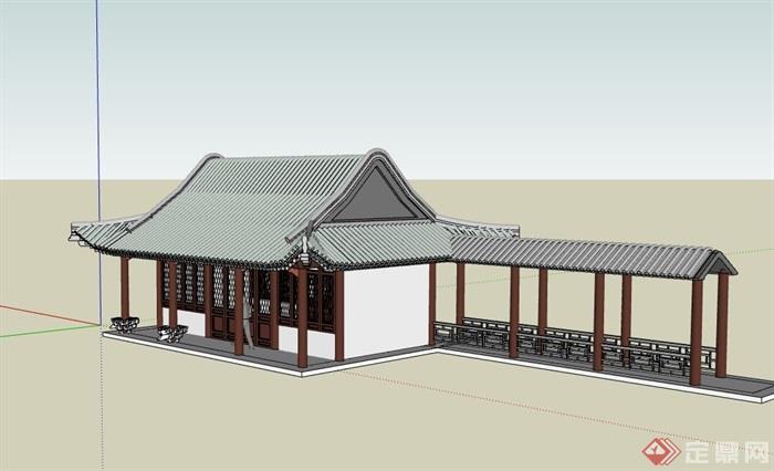某古典中式风格长廊及禅房设计su模型