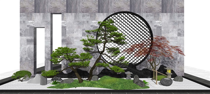新中式景观小品 庭院景观 乔木 景观树 石头su模型(1)