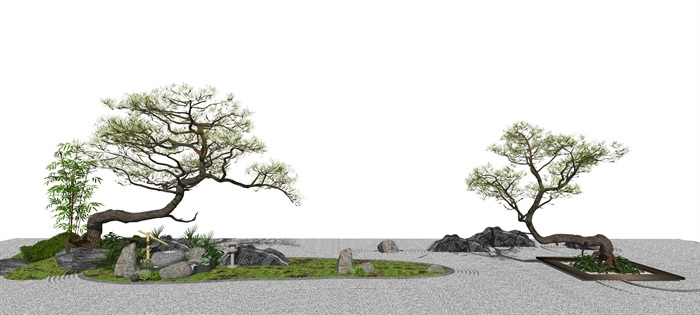 新中式景观小品 庭院景观 枯山水 松树 跌水景观 亭子SU模型(1)