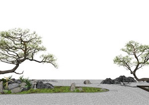 新中式景观小品 庭院景观 枯山水 松树 跌水景观 亭子SU(草图大师)模型5