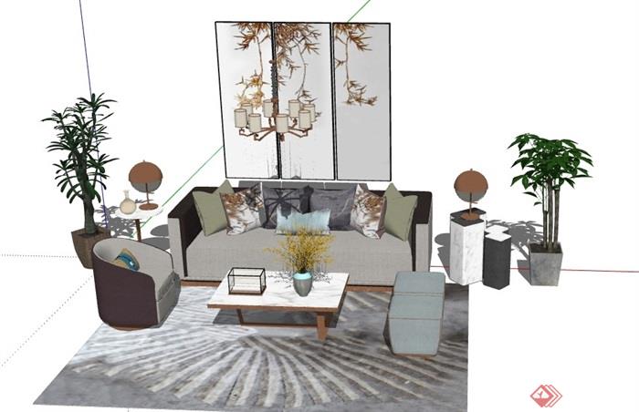 新中式客厅沙发组合场景su模型