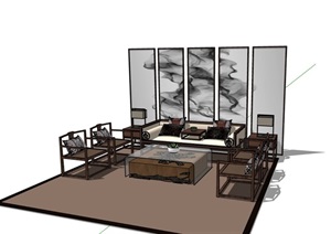 详细的新中式沙发组合场景SU(草图大师)模型