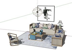 详细的整体新中式沙发组合场景SU(草图大师)模型
