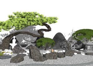 新中式庭院景观 景观小品 景观树 禅意枯山水 石头 假山SU(草图大师)模型