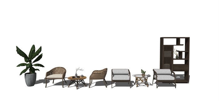 新中式户外椅休闲椅 茶几 架子 盆栽组合su模型(2)