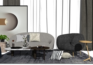现代轻奢客厅软装 沙发茶几组合SU(草图大师)模型