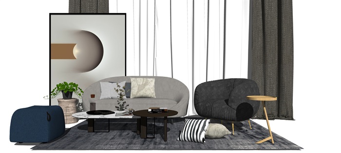 现代轻奢客厅软装 沙发茶几组合su模型(3)