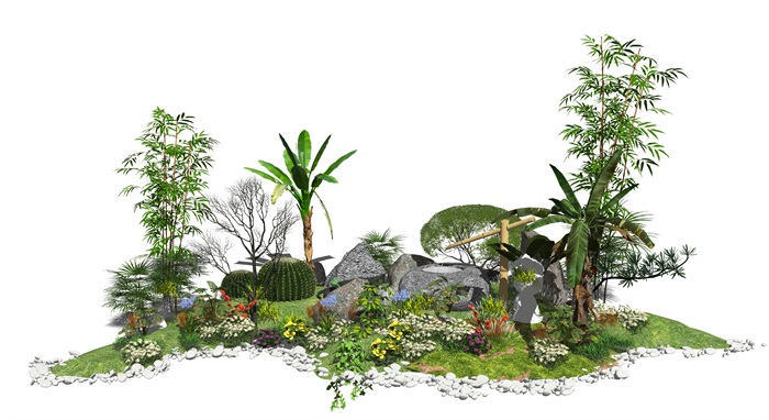 新中式植物石头芭蕉龟背竹景观植物灌木花卉SU模型(1)