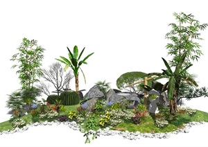 新中式植物石头芭蕉龟背竹景观植物灌木花卉SU(草图大师)模型