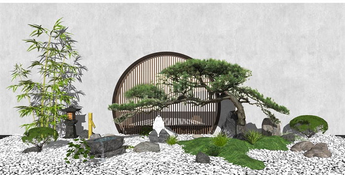 新中式庭院景观 景观小品景观树 石头 水景su模型(2)